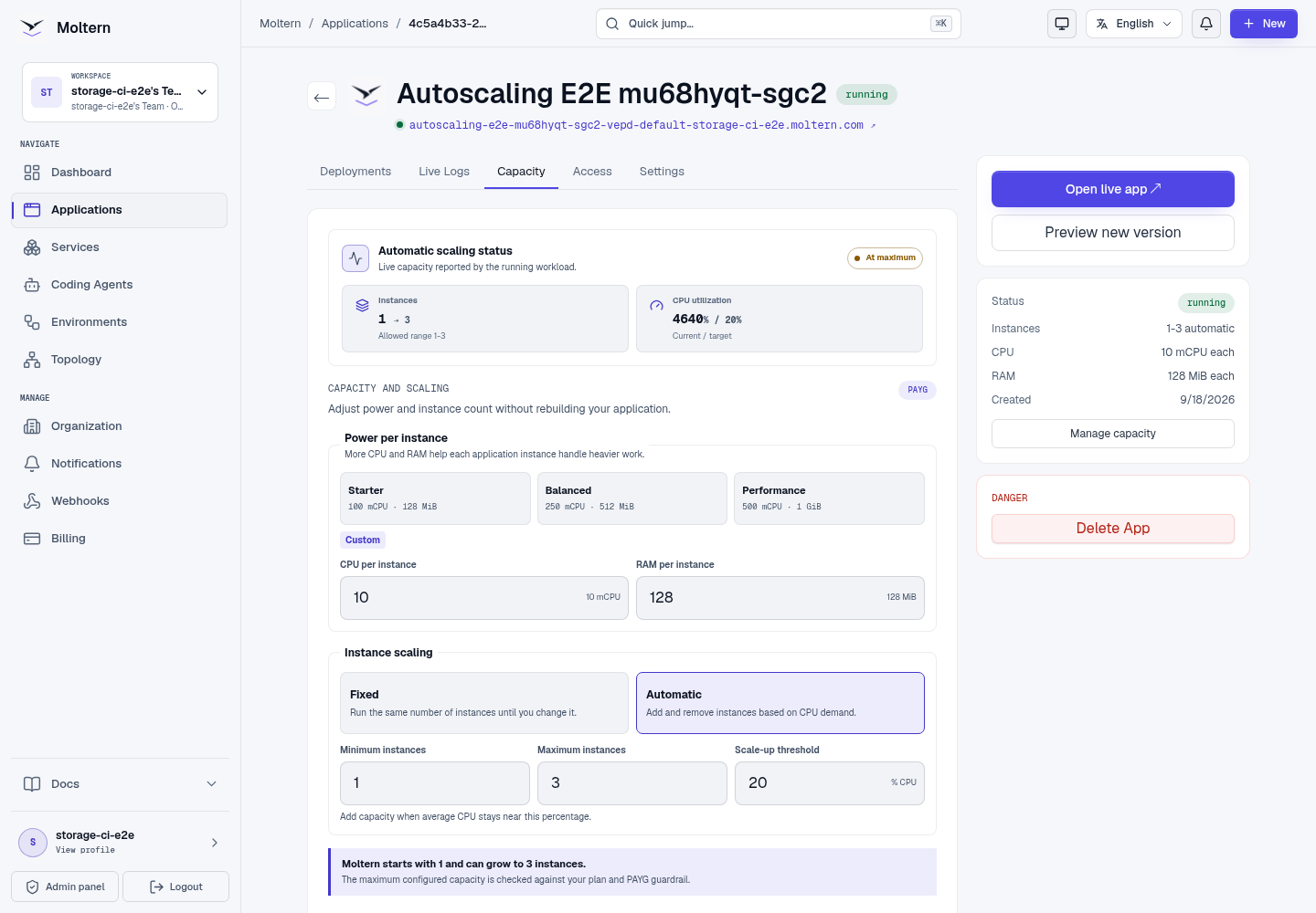 Moltern application capacity and instance scaling controls
