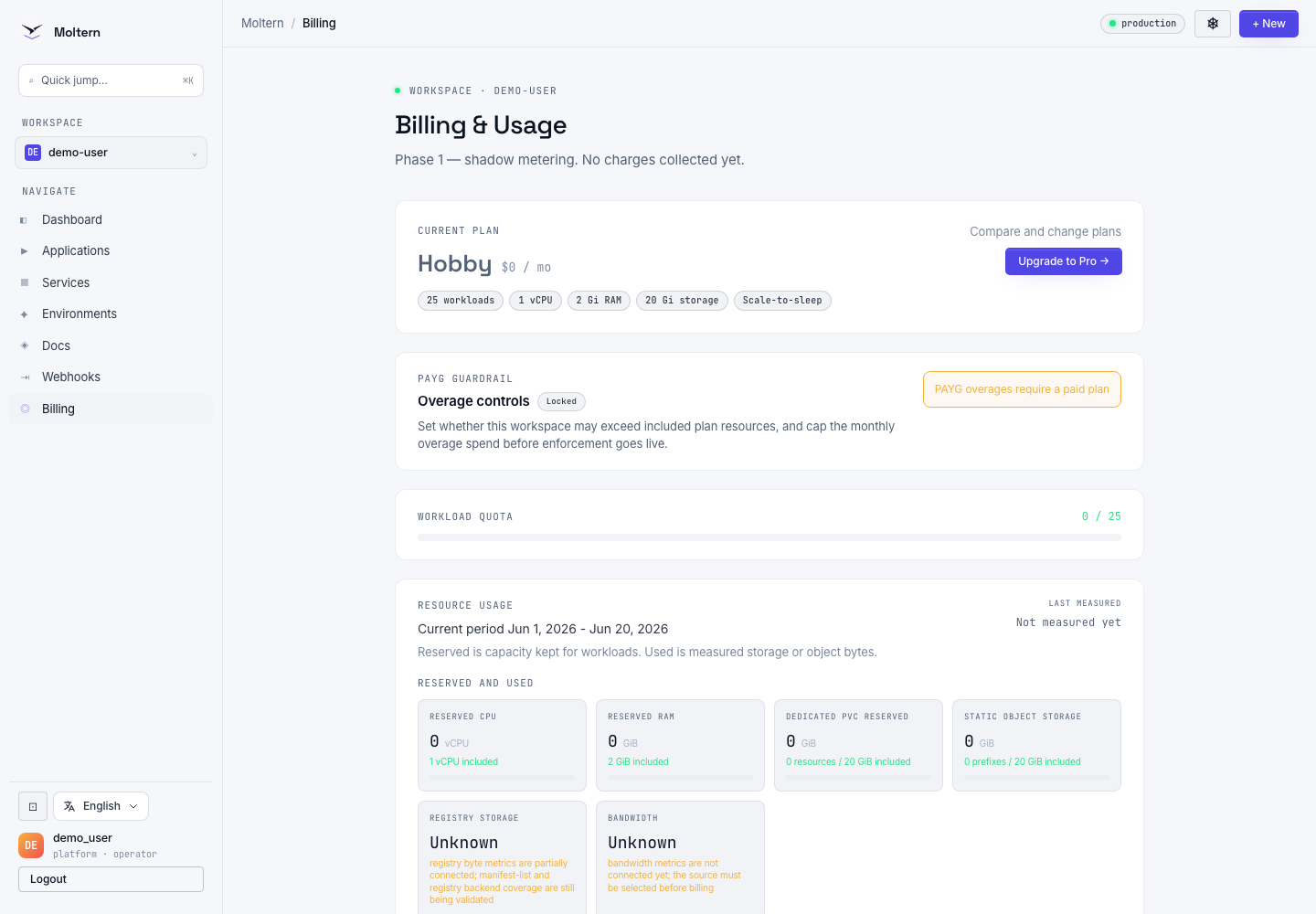 Moltern billing page overview