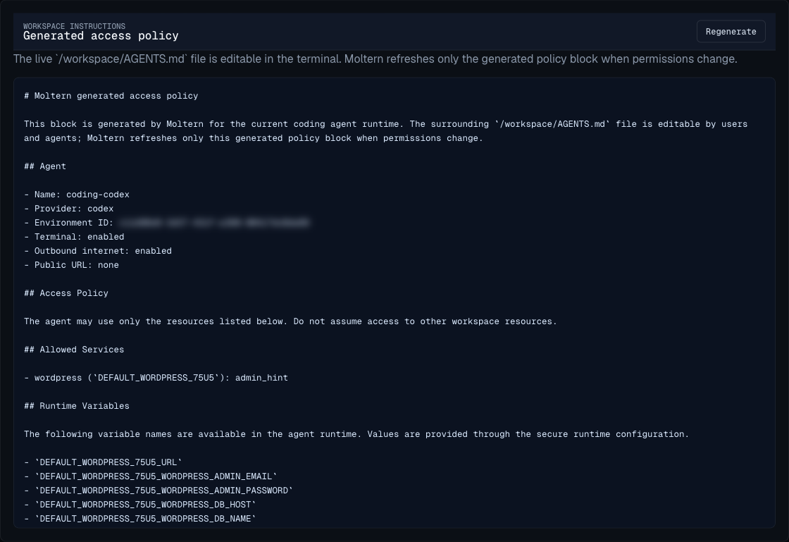 Moltern coding agent AGENTS.md generated policy