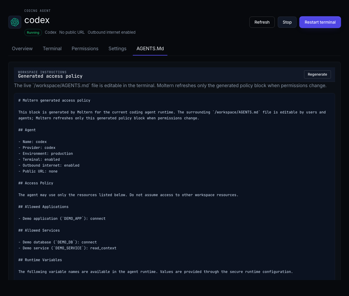 Moltern coding agent AGENTS.md generated policy