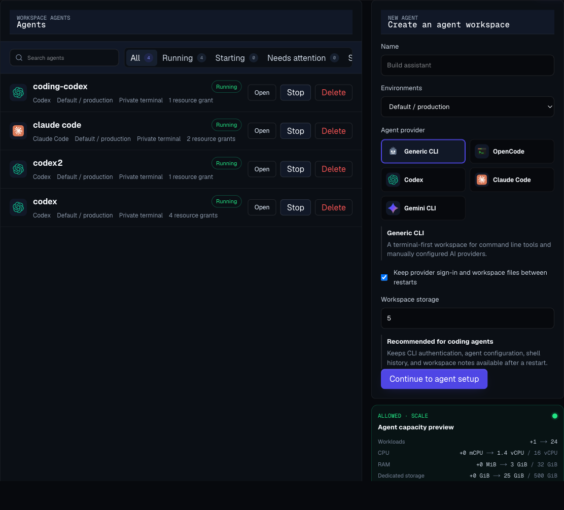 Moltern coding agent list and creation screen
