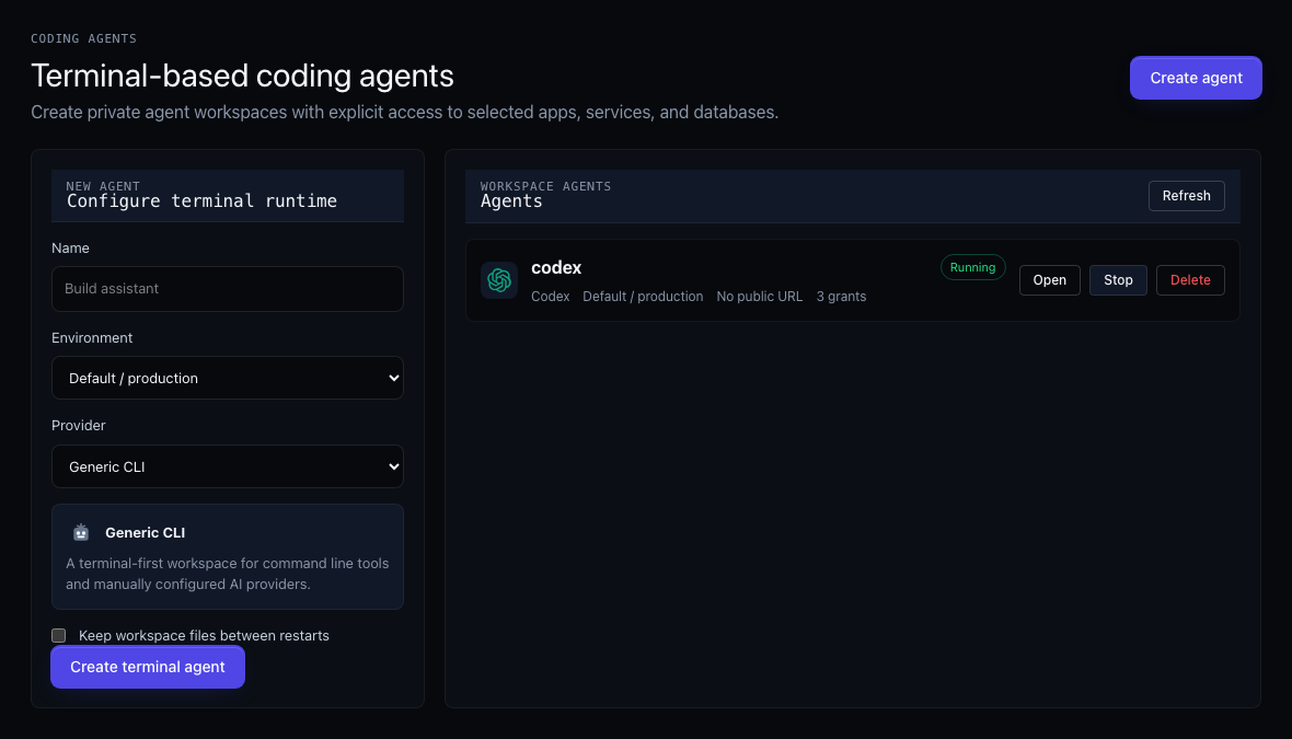 Moltern coding agent list and creation screen