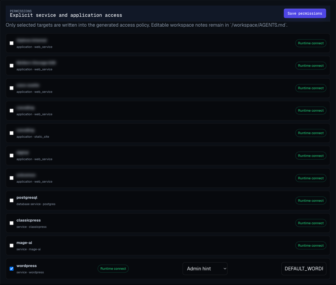 Moltern coding agent permissions screen