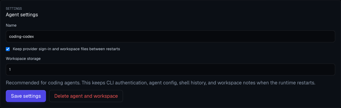 Moltern coding agent settings screen
