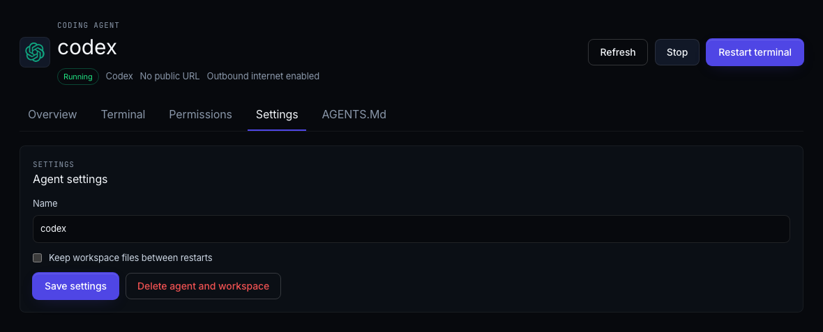 Moltern coding agent settings screen