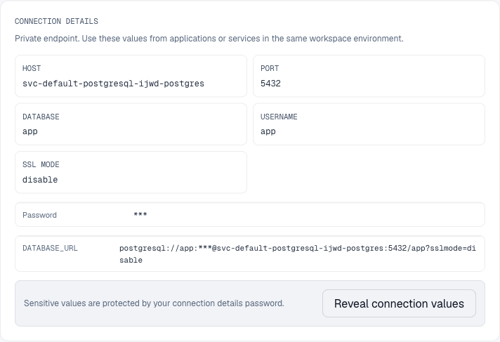 Moltern service settings show each connection field once, with the password and connection string still masked