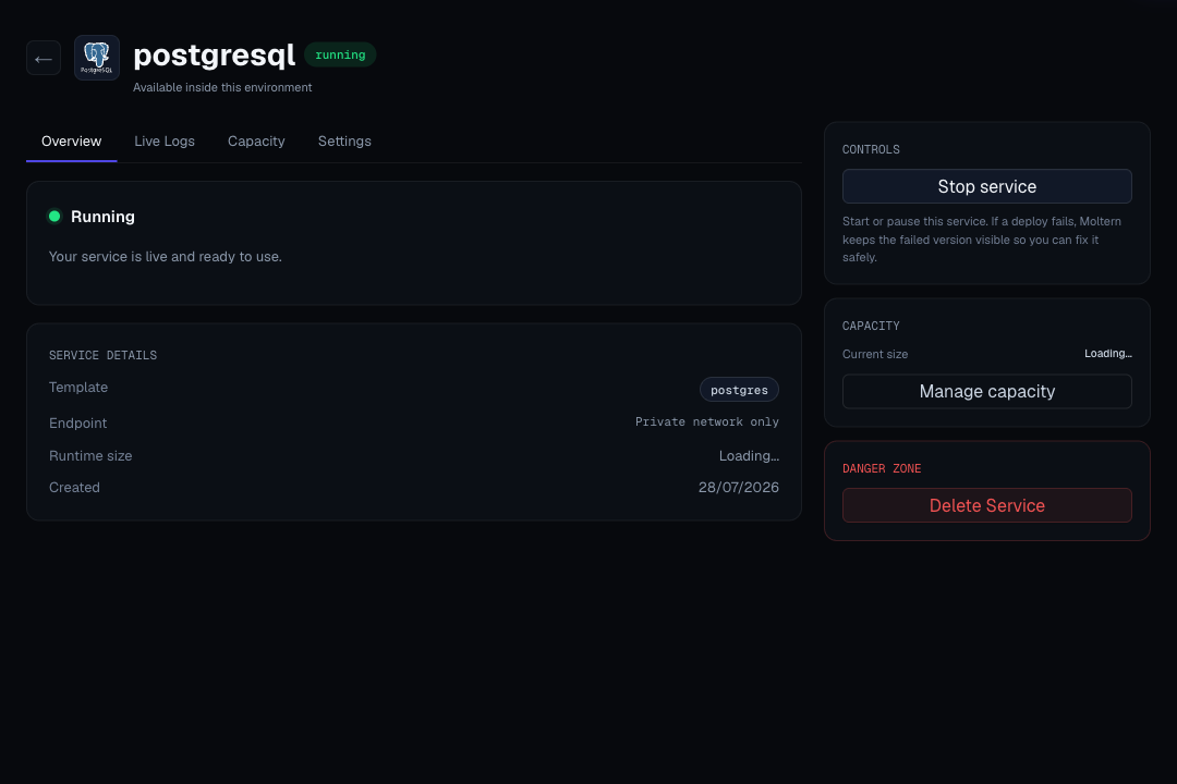 Moltern database service view