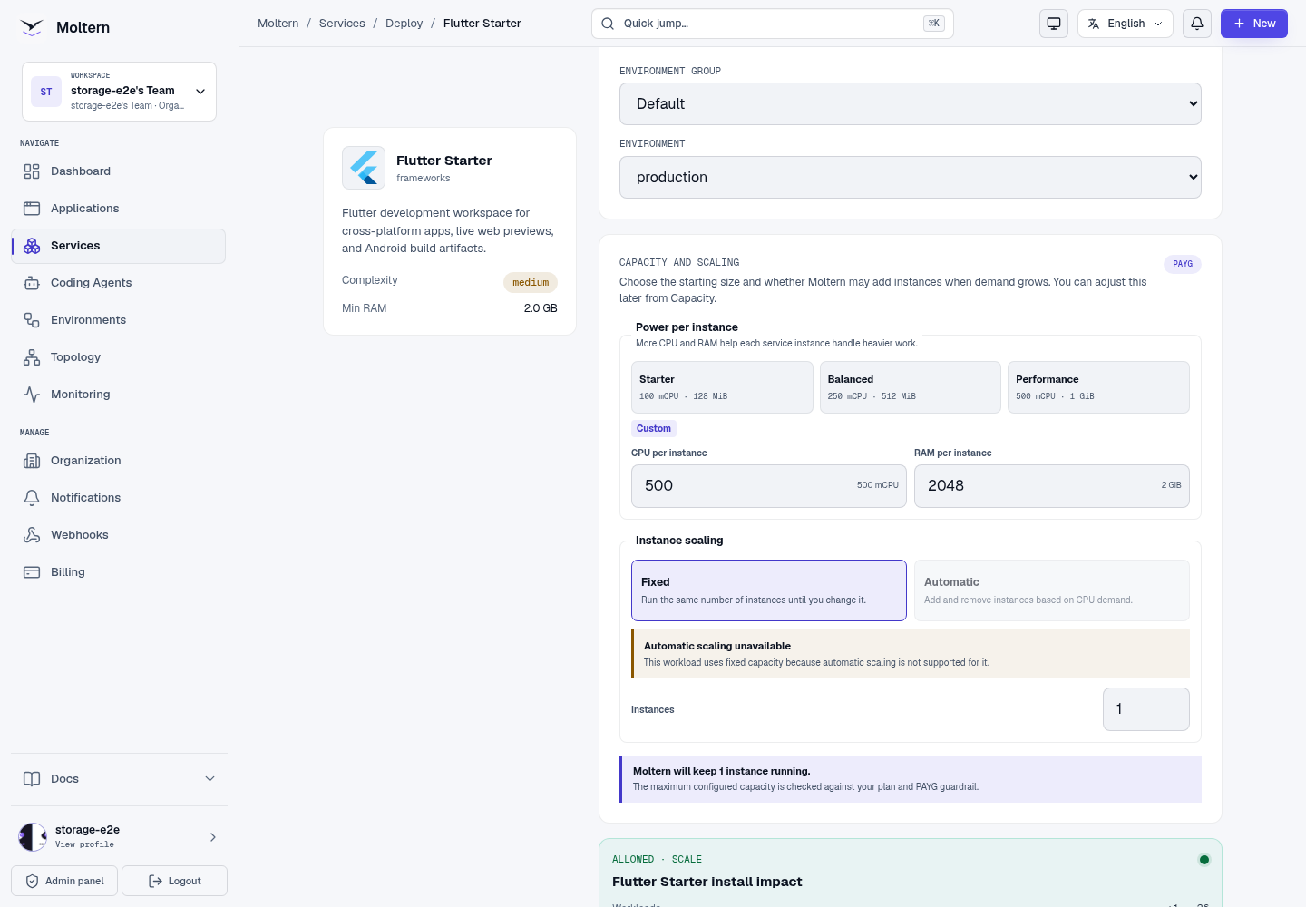 Reviewing framework capacity and deployment impact before creating the workspace