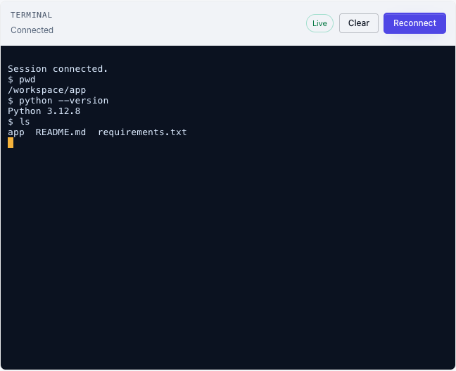 Moltern development service terminal showing a FastAPI starter session
