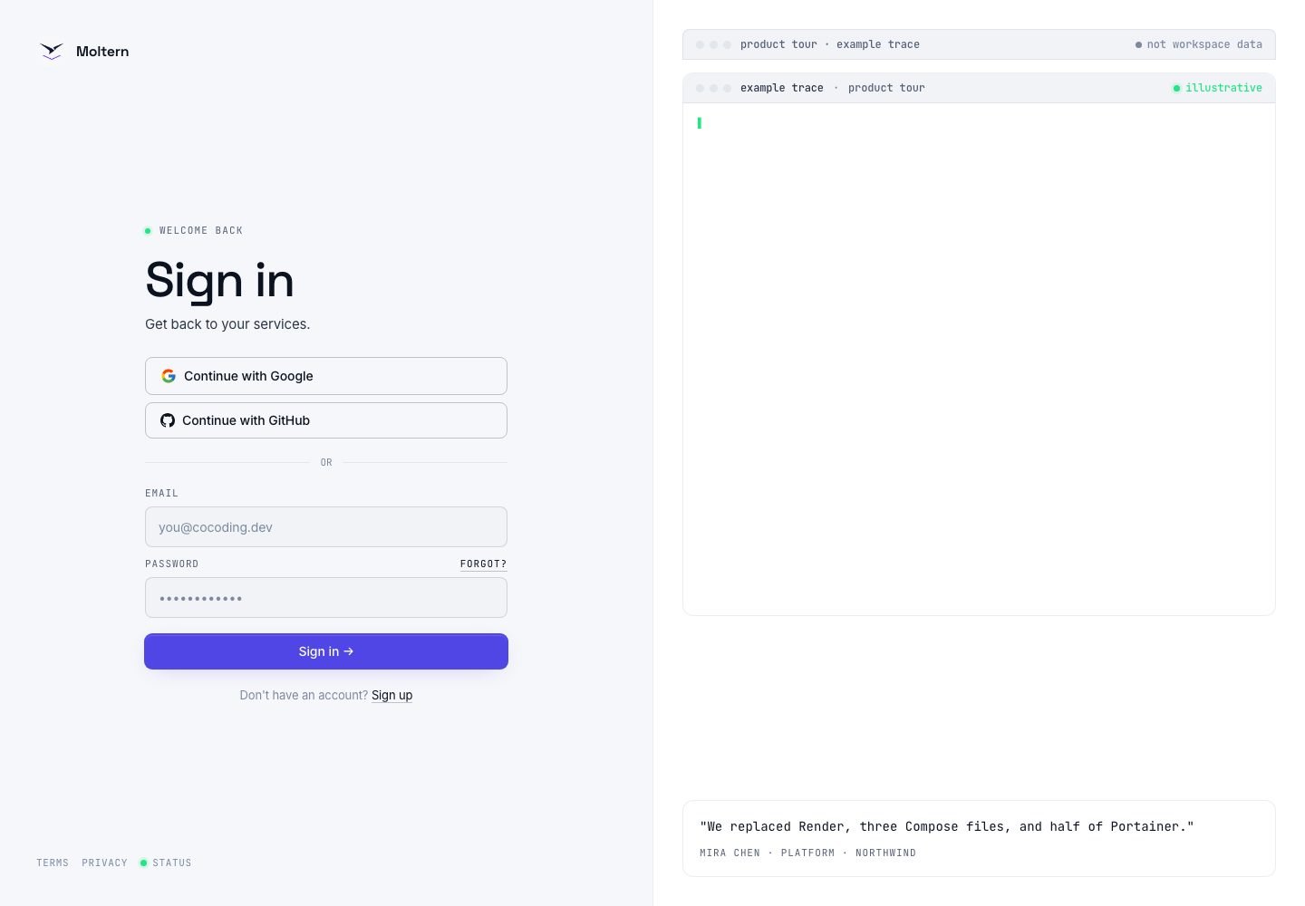 Moltern sign-in page