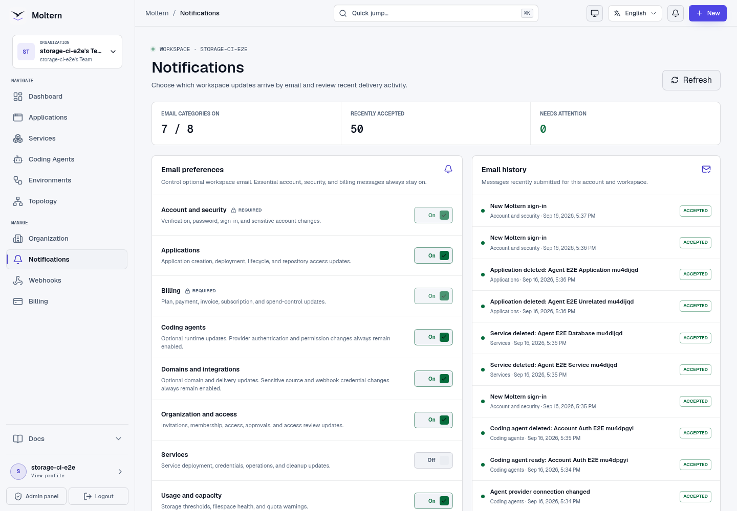 Moltern notification preferences and email delivery history