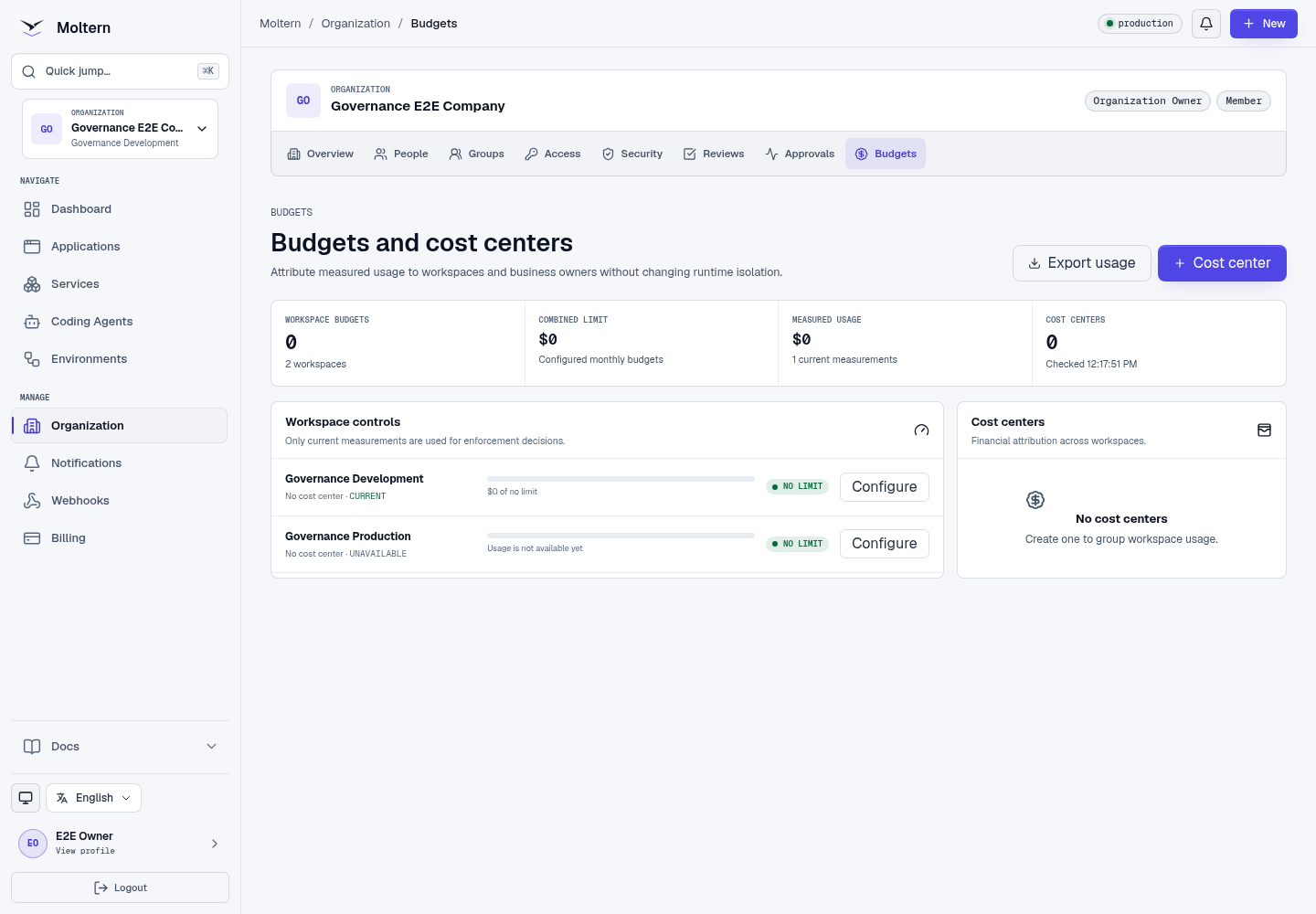 Organization budgets and cost centers