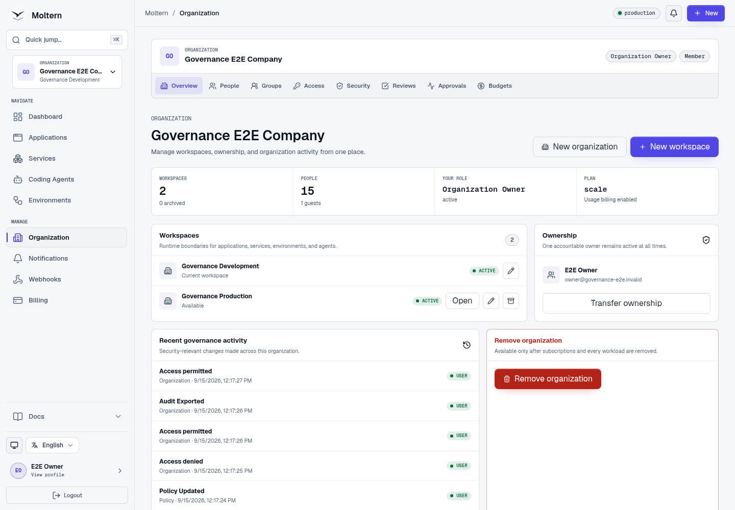 Organization overview with workspaces and ownership