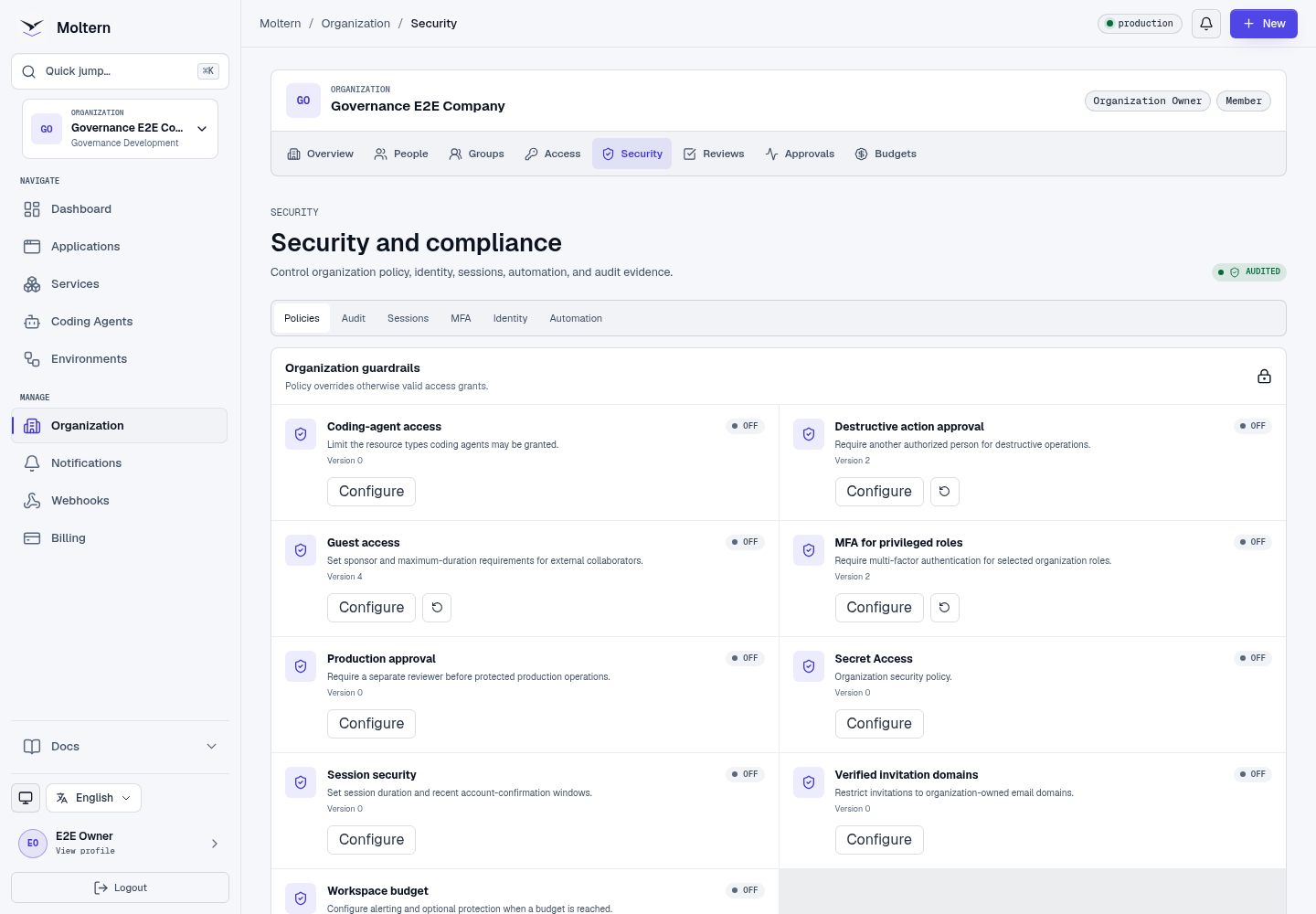 Organization security and policy controls