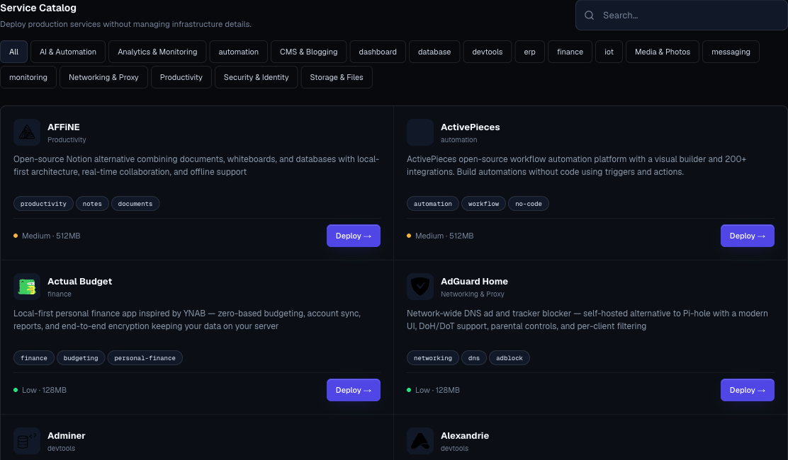 Moltern service catalog cards with AI services