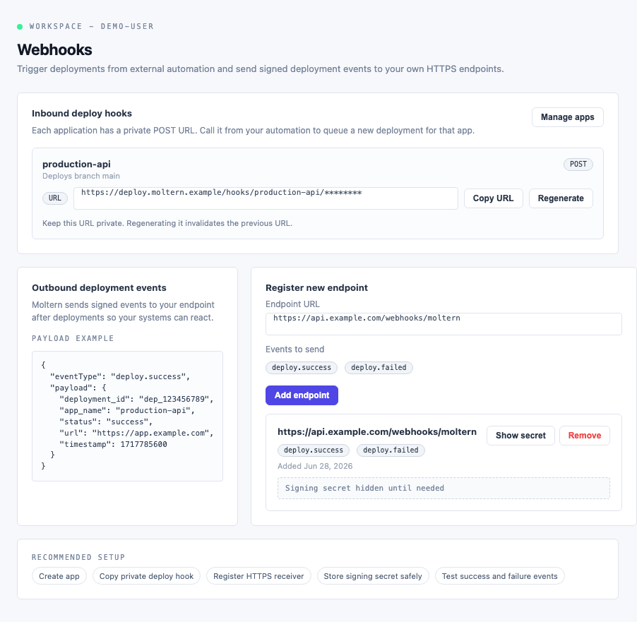 Moltern webhooks page showing inbound deploy hooks and outbound endpoint setup