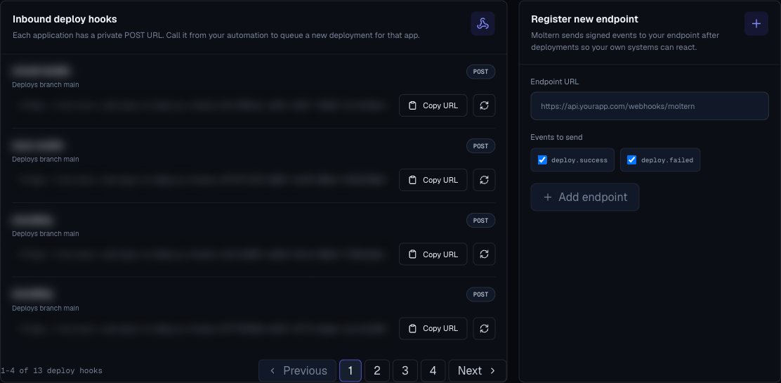 Moltern webhooks page showing inbound deploy hooks and outbound endpoint setup